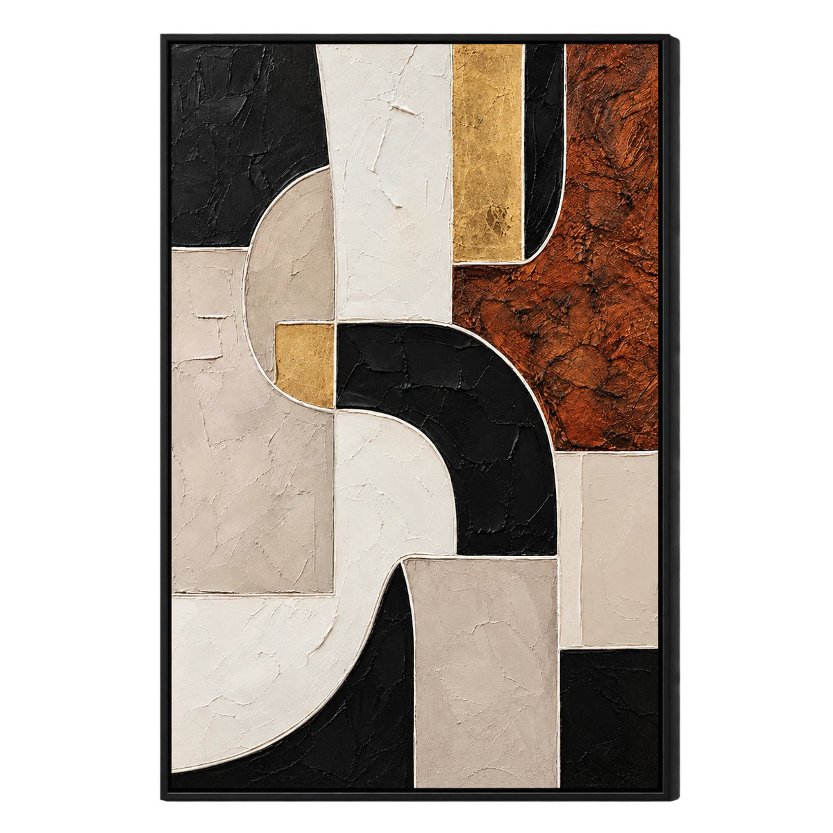 Ownanart Hand-Painted Terracotta Black Beige White and Gold Geometric Abstract Oil Painting – 3D Textured Vertical Impasto Canvas Wall Art for Living Room Bedroom Entryway and Office