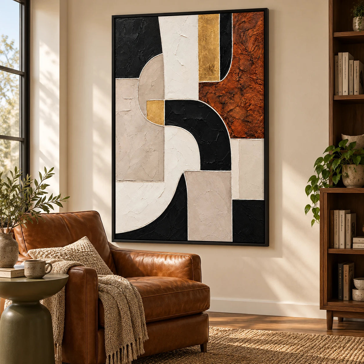 Ownanart Hand-Painted Terracotta Black Beige White and Gold Geometric Abstract Oil Painting – 3D Textured Vertical Impasto Canvas Wall Art for Living Room Bedroom Entryway and Office
