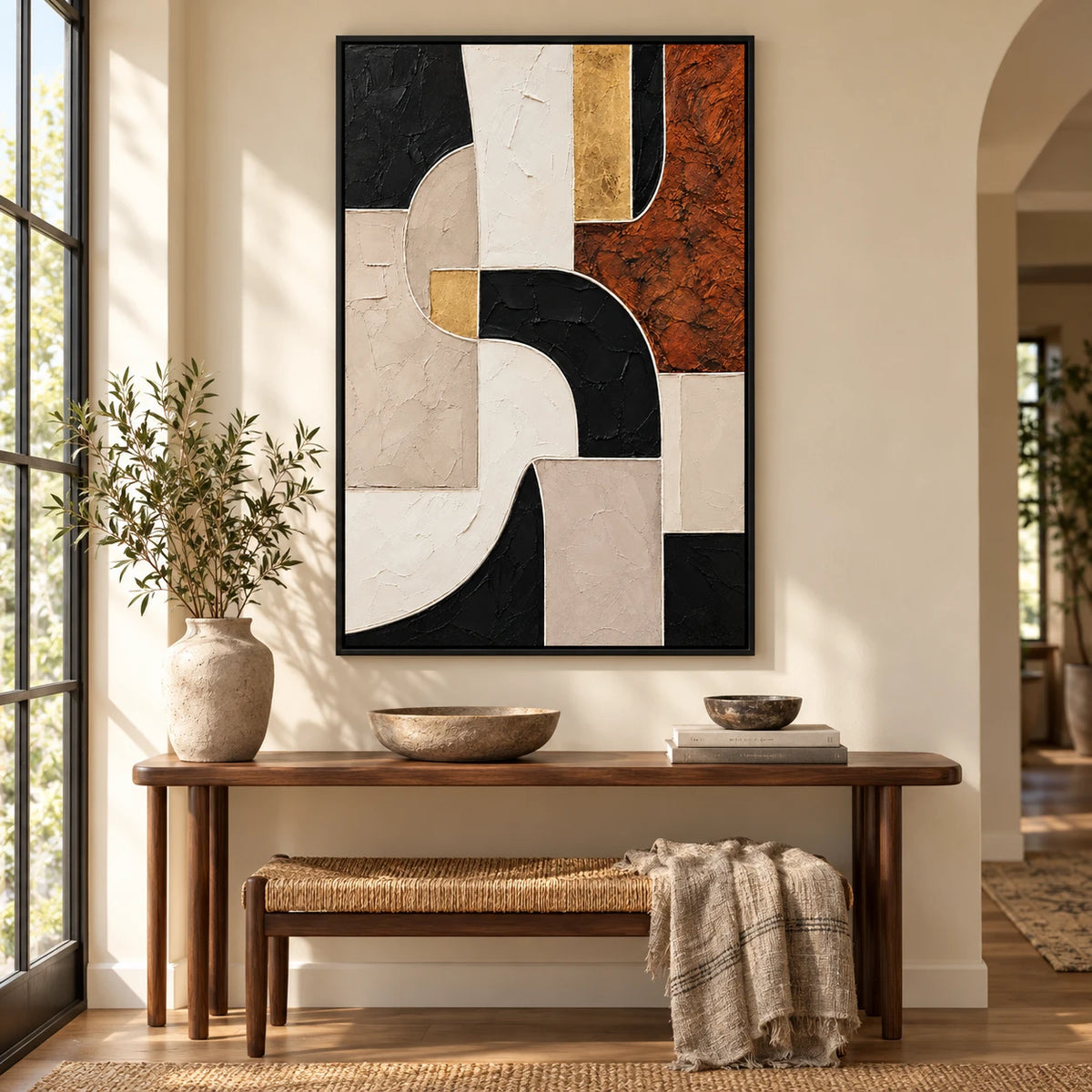 Ownanart Hand-Painted Terracotta Black Beige White and Gold Geometric Abstract Oil Painting – 3D Textured Vertical Impasto Canvas Wall Art for Living Room Bedroom Entryway and Office
