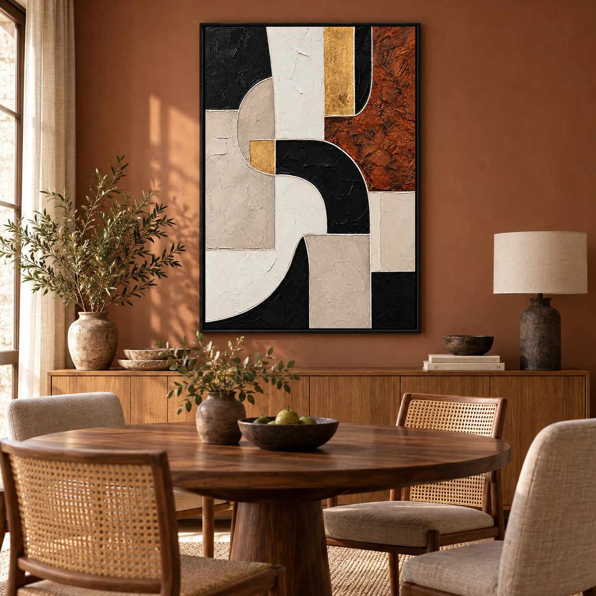 Ownanart Hand-Painted Terracotta Black Beige White and Gold Geometric Abstract Oil Painting – 3D Textured Vertical Impasto Canvas Wall Art for Living Room Bedroom Entryway and Office