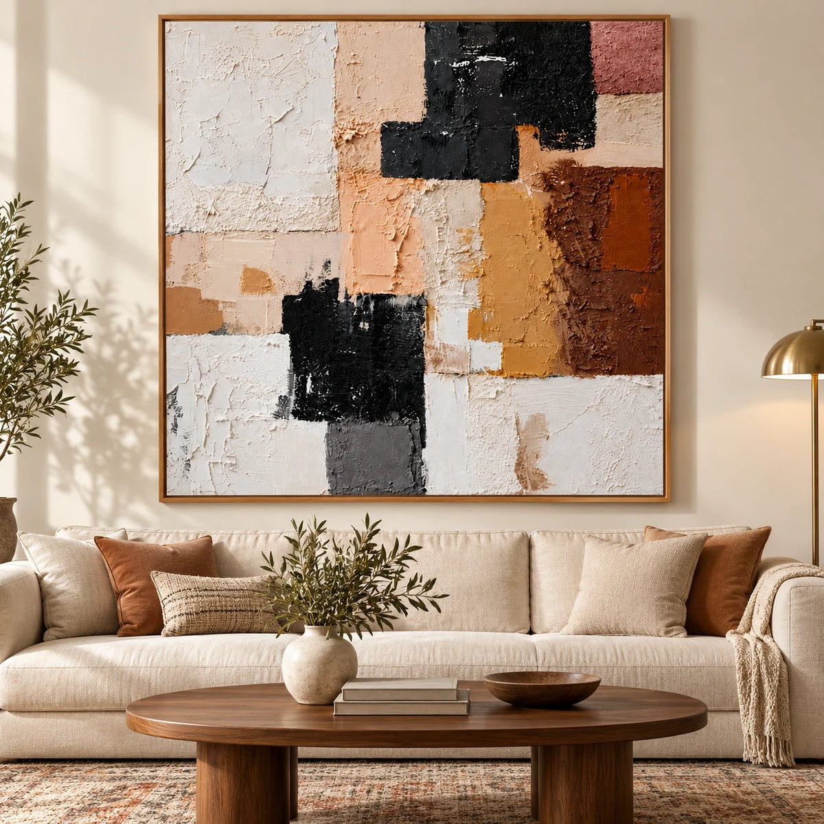 Ownanart Hand-Painted Terracotta Peach Black and White Geometric Abstract Oil Painting – 3D Textured Square Impasto Canvas Wall Art for Living Room Bedroom Entryway and Office