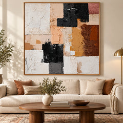Ownanart Hand-Painted Terracotta Peach Black and White Geometric Abstract Oil Painting – 3D Textured Square Impasto Canvas Wall Art for Living Room Bedroom Entryway and Office #OA 1534