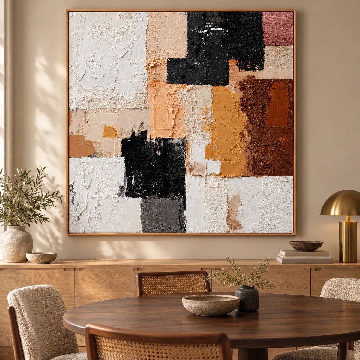 Ownanart Hand-Painted Terracotta Peach Black and White Geometric Abstract Oil Painting – 3D Textured Square Impasto Canvas Wall Art for Living Room Bedroom Entryway and Office