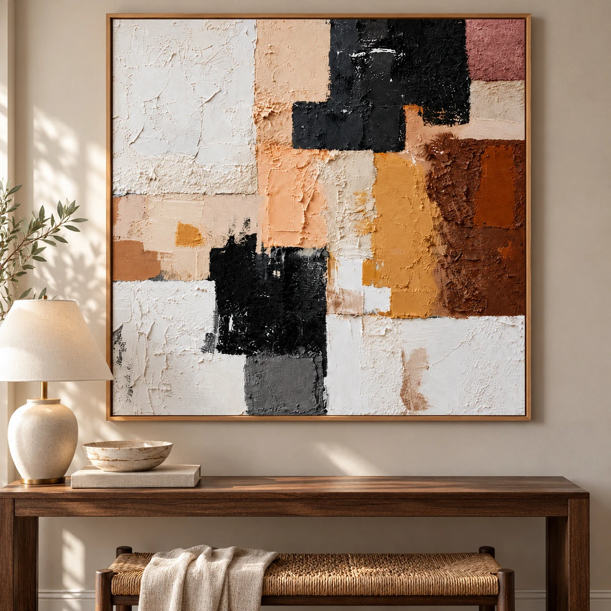 Ownanart Hand-Painted Terracotta Peach Black and White Geometric Abstract Oil Painting – 3D Textured Square Impasto Canvas Wall Art for Living Room Bedroom Entryway and Office
