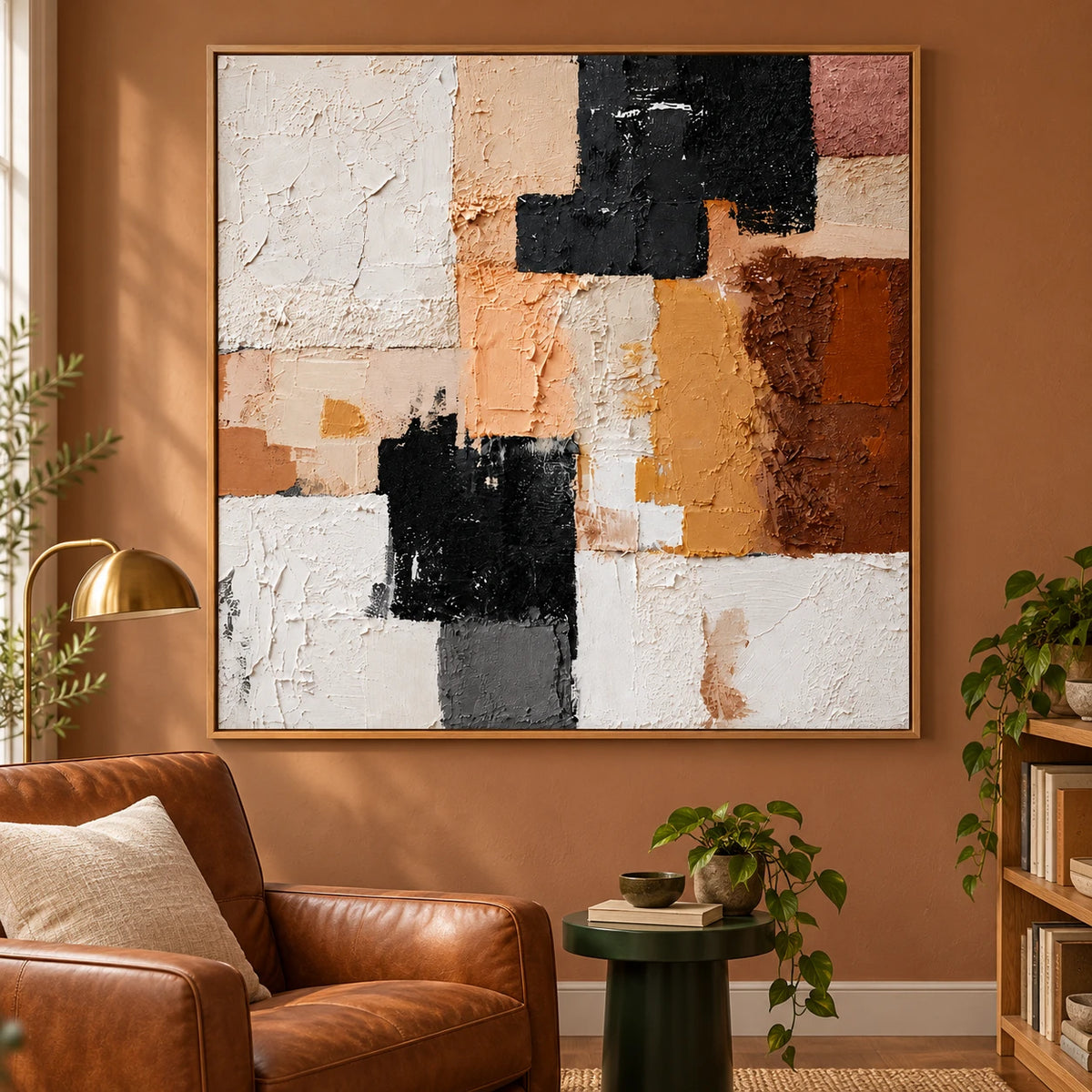 Ownanart Hand-Painted Terracotta Peach Black and White Geometric Abstract Oil Painting – 3D Textured Square Impasto Canvas Wall Art for Living Room Bedroom Entryway and Office