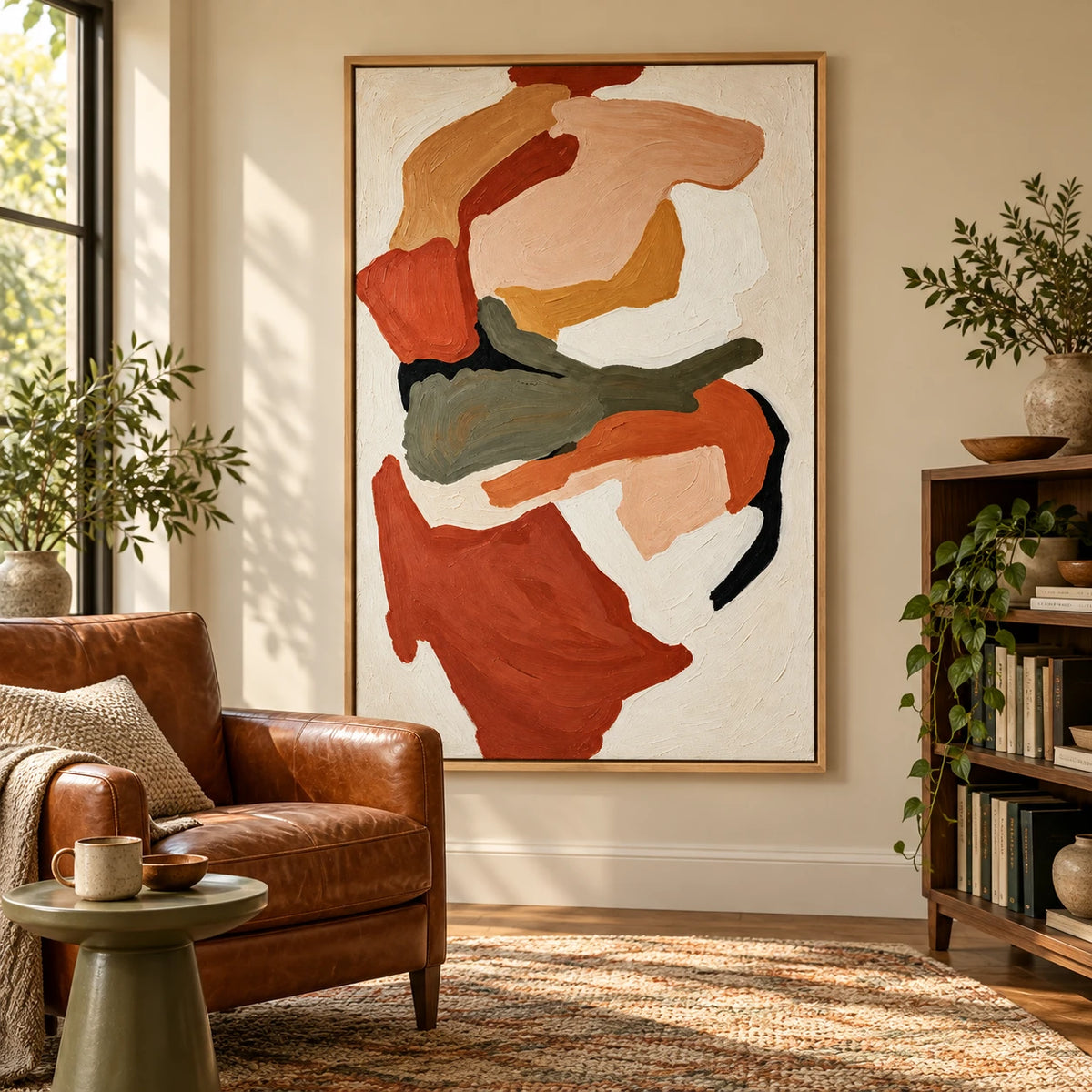 Ownanart Hand-Painted Terracotta Peach Olive Green and Cream Organic Abstract Oil Painting – 3D Textured Vertical Impasto Canvas Wall Art for Living Room Bedroom Entryway and Office