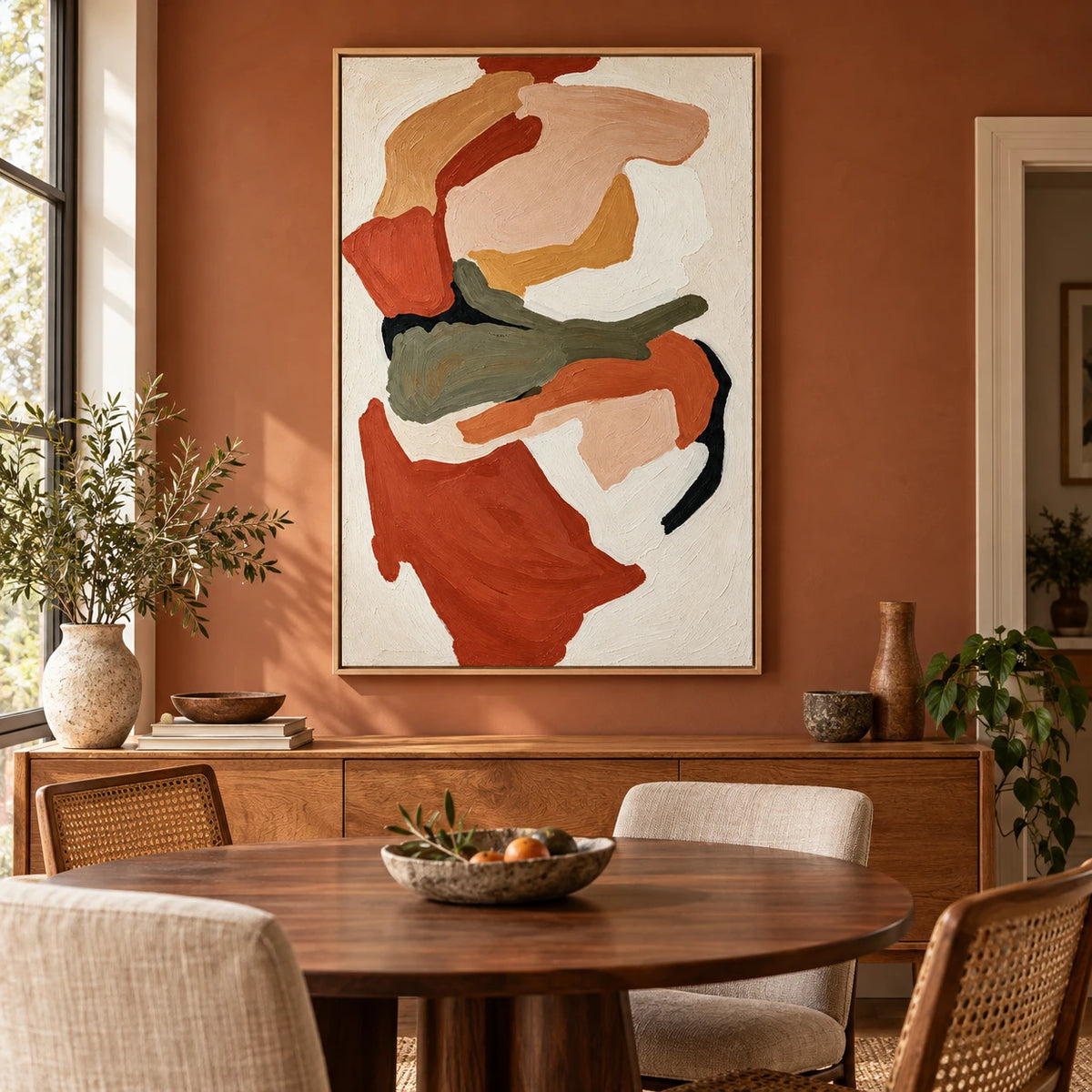 Ownanart Hand-Painted Terracotta Peach Olive Green and Cream Organic Abstract Oil Painting – 3D Textured Vertical Impasto Canvas Wall Art for Living Room Bedroom Entryway and Office
