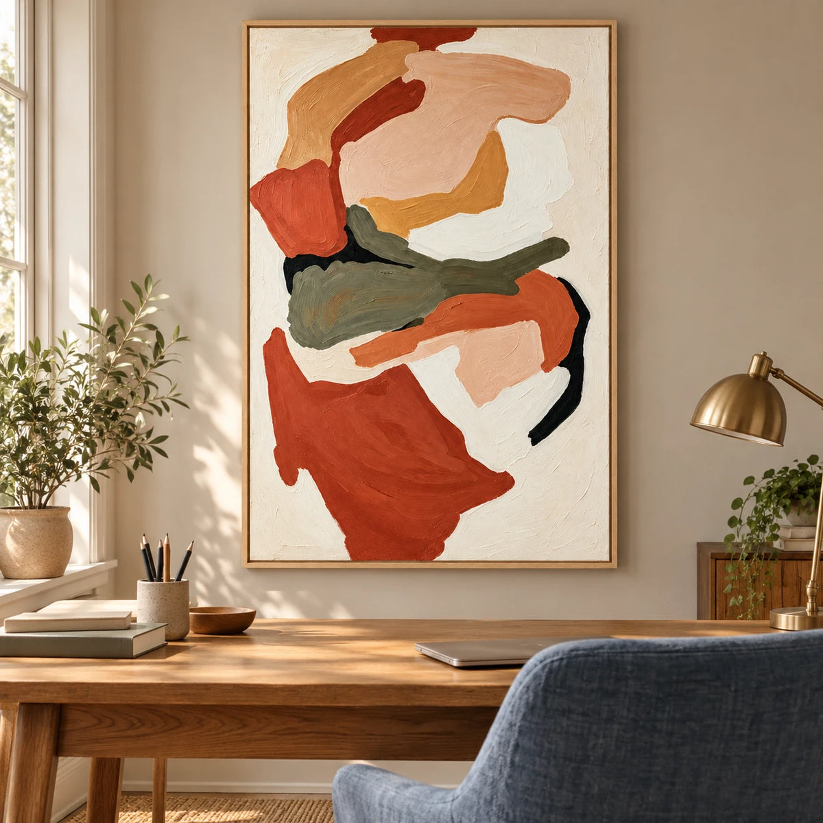Ownanart Hand-Painted Terracotta Peach Olive Green and Cream Organic Abstract Oil Painting – 3D Textured Vertical Impasto Canvas Wall Art for Living Room Bedroom Entryway and Office