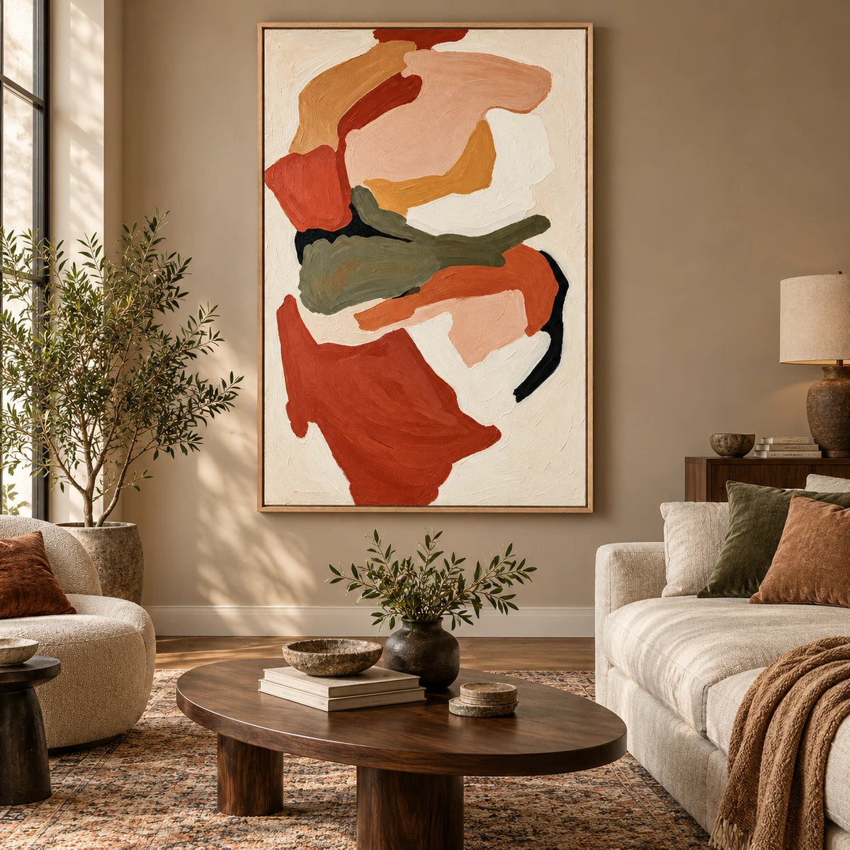 Ownanart Hand-Painted Terracotta Peach Olive Green and Cream Organic Abstract Oil Painting – 3D Textured Vertical Impasto Canvas Wall Art for Living Room Bedroom Entryway and Office