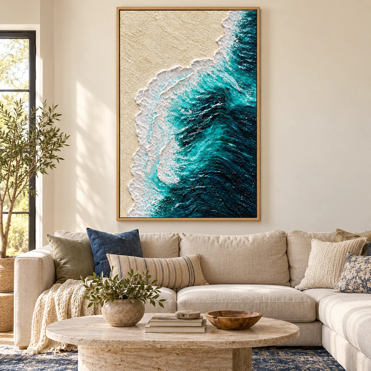 Ownanart Hand-Painted Turquoise Ocean Wave and Sandy Beach Oil Painting – Textured Vertical Canvas Wall Art for Living Room and Office