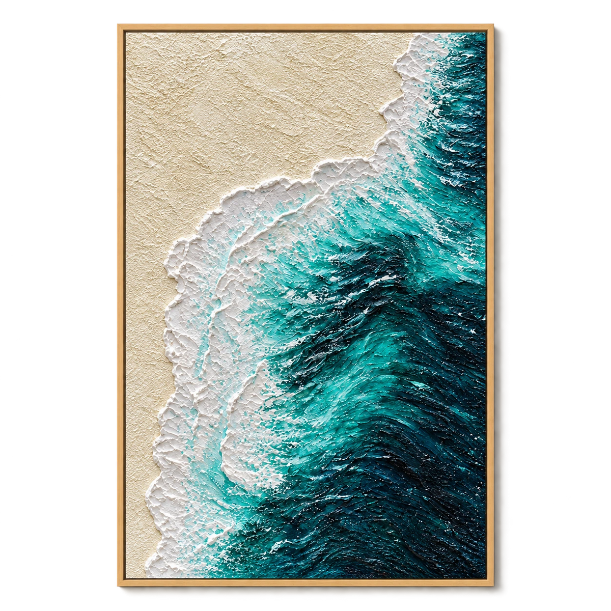 Ownanart Hand-Painted Turquoise Ocean Wave and Sandy Beach Oil Painting – Textured Vertical Canvas Wall Art for Living Room and Office