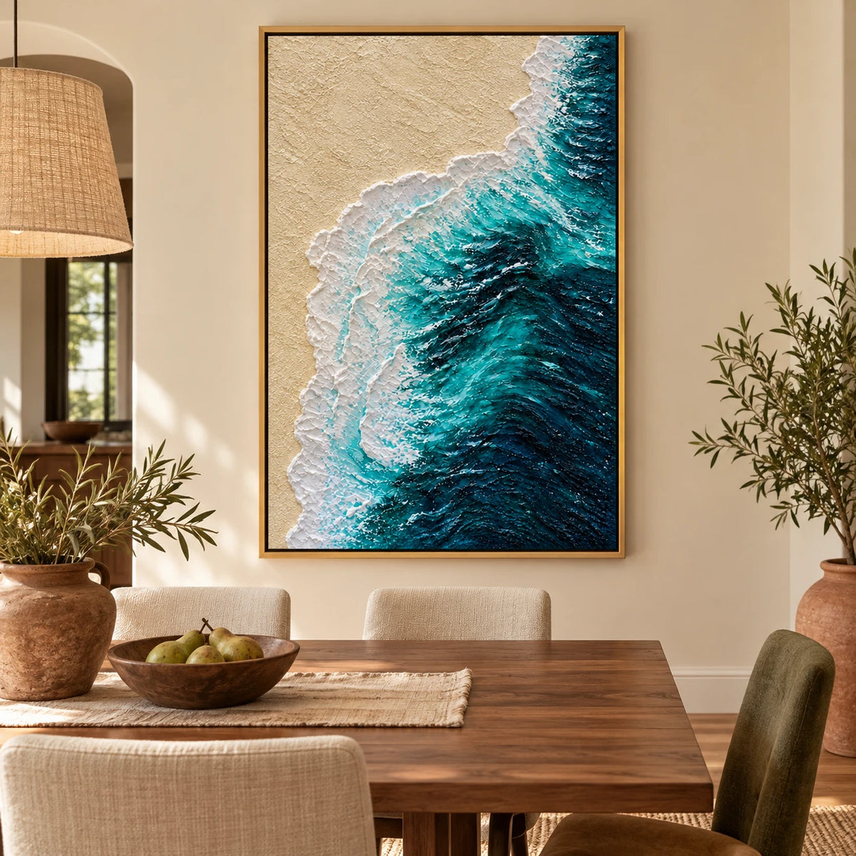 Ownanart Hand-Painted Turquoise Ocean Wave and Sandy Beach Oil Painting – Textured Vertical Canvas Wall Art for Living Room and Office