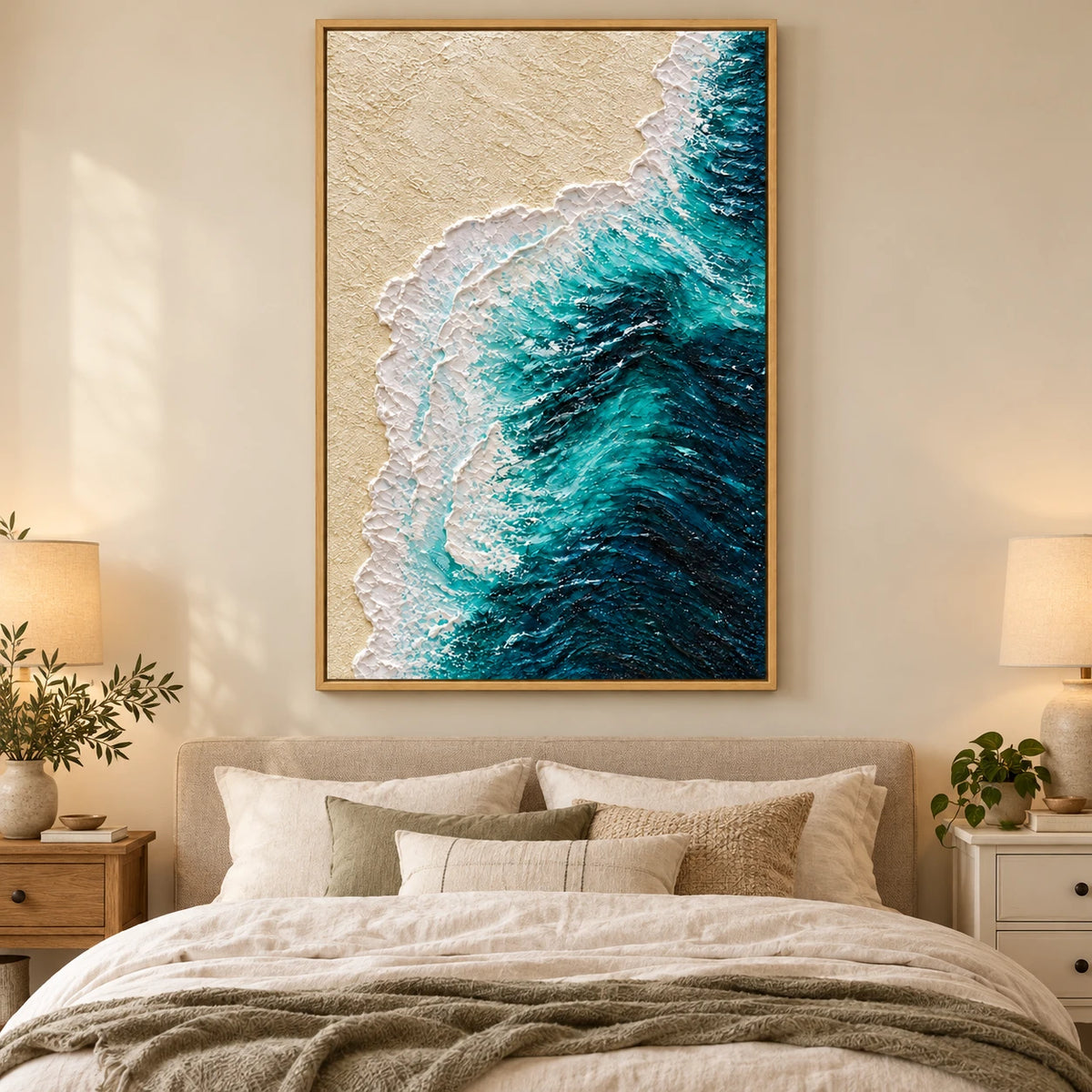 Ownanart Hand-Painted Turquoise Ocean Wave and Sandy Beach Oil Painting – Textured Vertical Canvas Wall Art for Living Room and Office