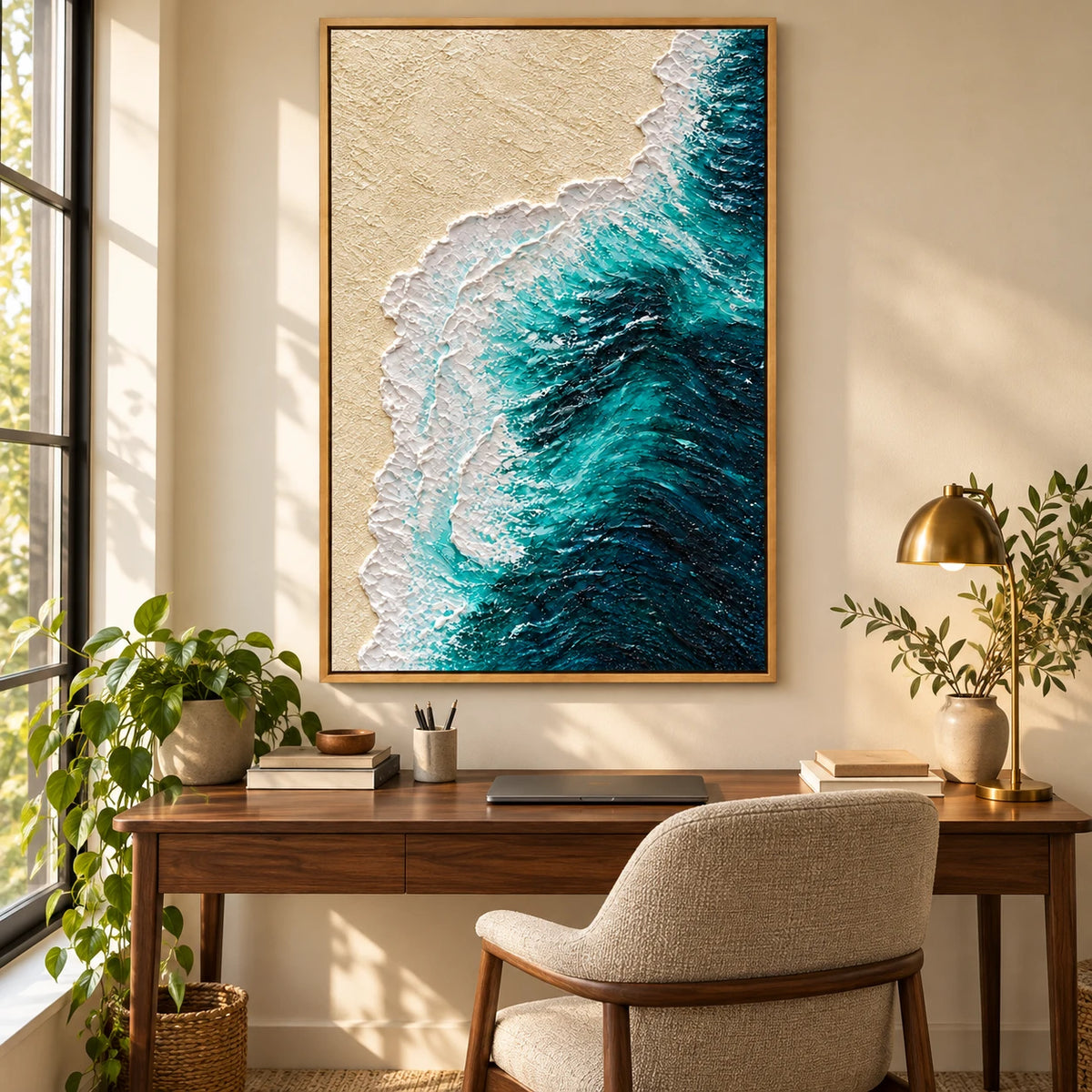 Ownanart Hand-Painted Turquoise Ocean Wave and Sandy Beach Oil Painting – Textured Vertical Canvas Wall Art for Living Room and Office