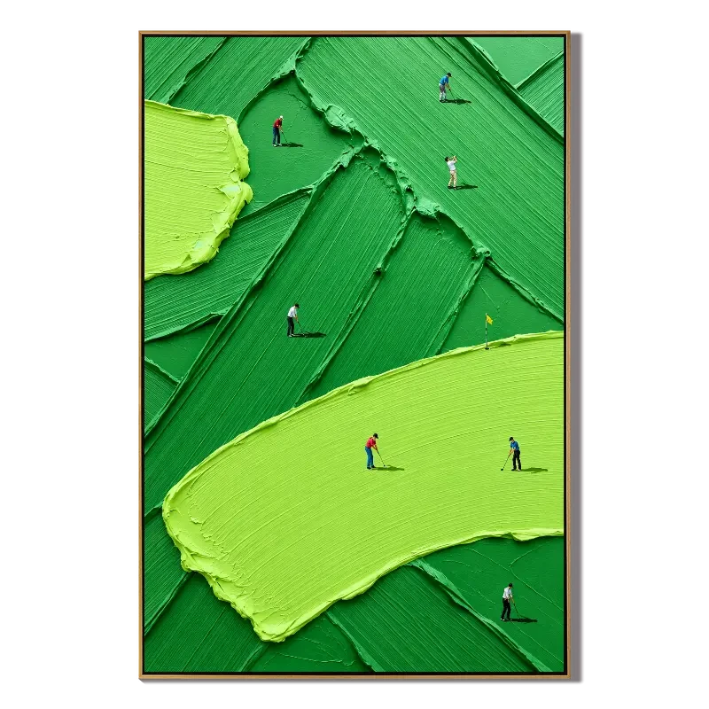 Ownanart Hand-Painted Vertical Abstract Golf Course Oil Painting – Vertical abstract sports canvas, textured golf wall art, Original Canvas Art for Living Room and Office