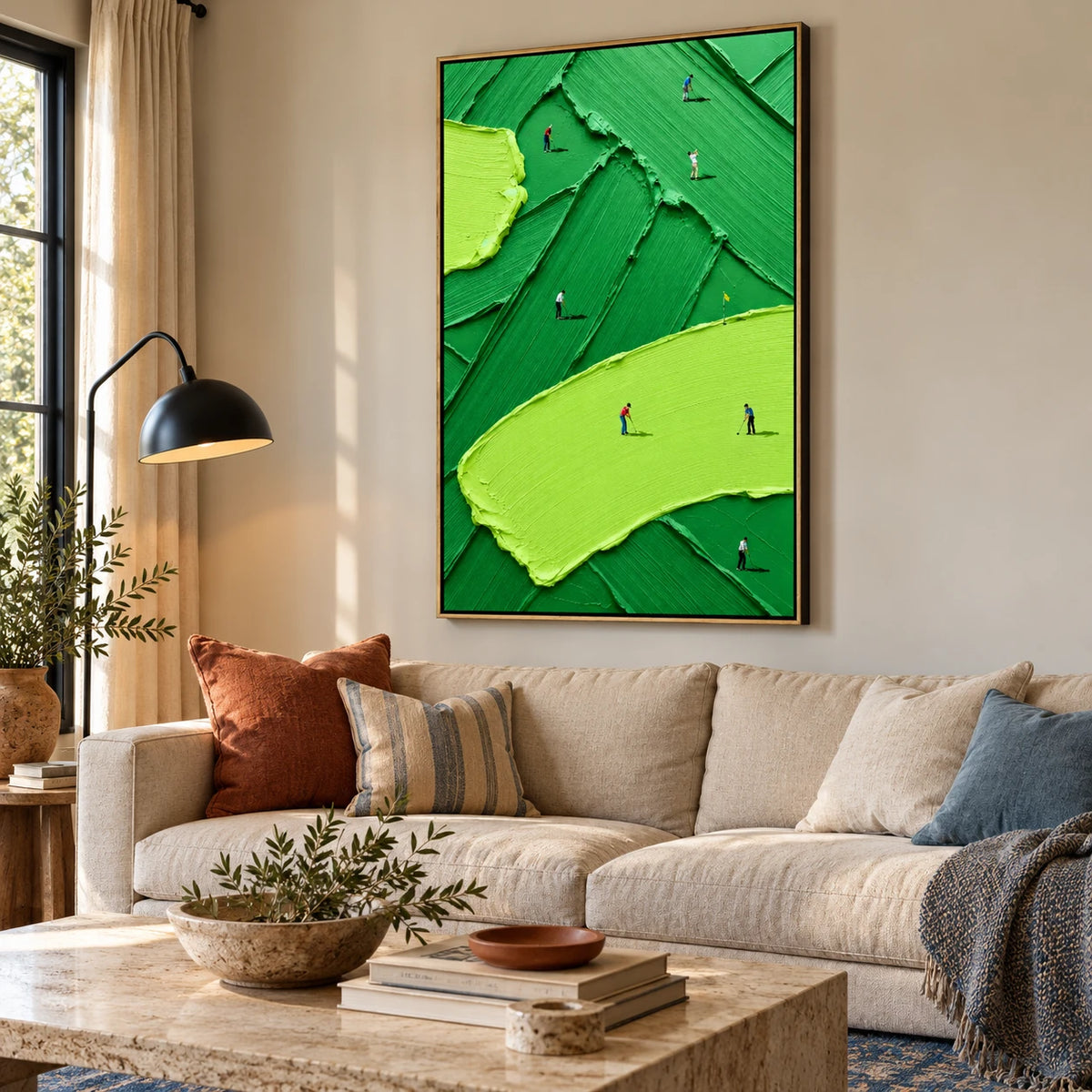 Ownanart Hand-Painted Vertical Abstract Golf Course Oil Painting – Vertical abstract sports canvas, textured golf wall art, Original Canvas Art for Living Room and Office
