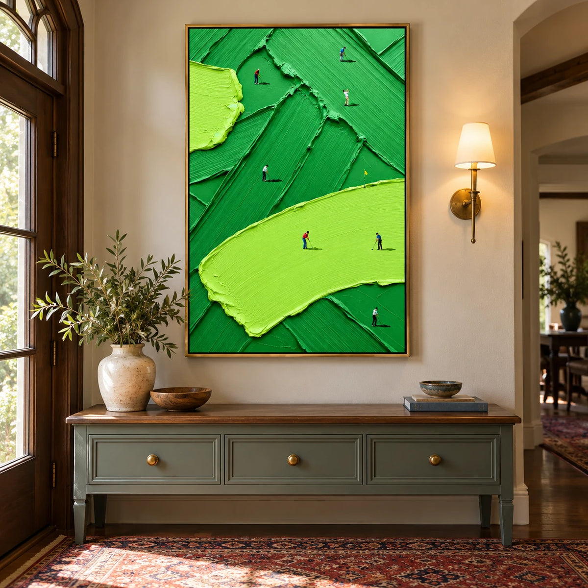 Ownanart Hand-Painted Vertical Abstract Golf Course Oil Painting – Vertical abstract sports canvas, textured golf wall art, Original Canvas Art for Living Room and Office