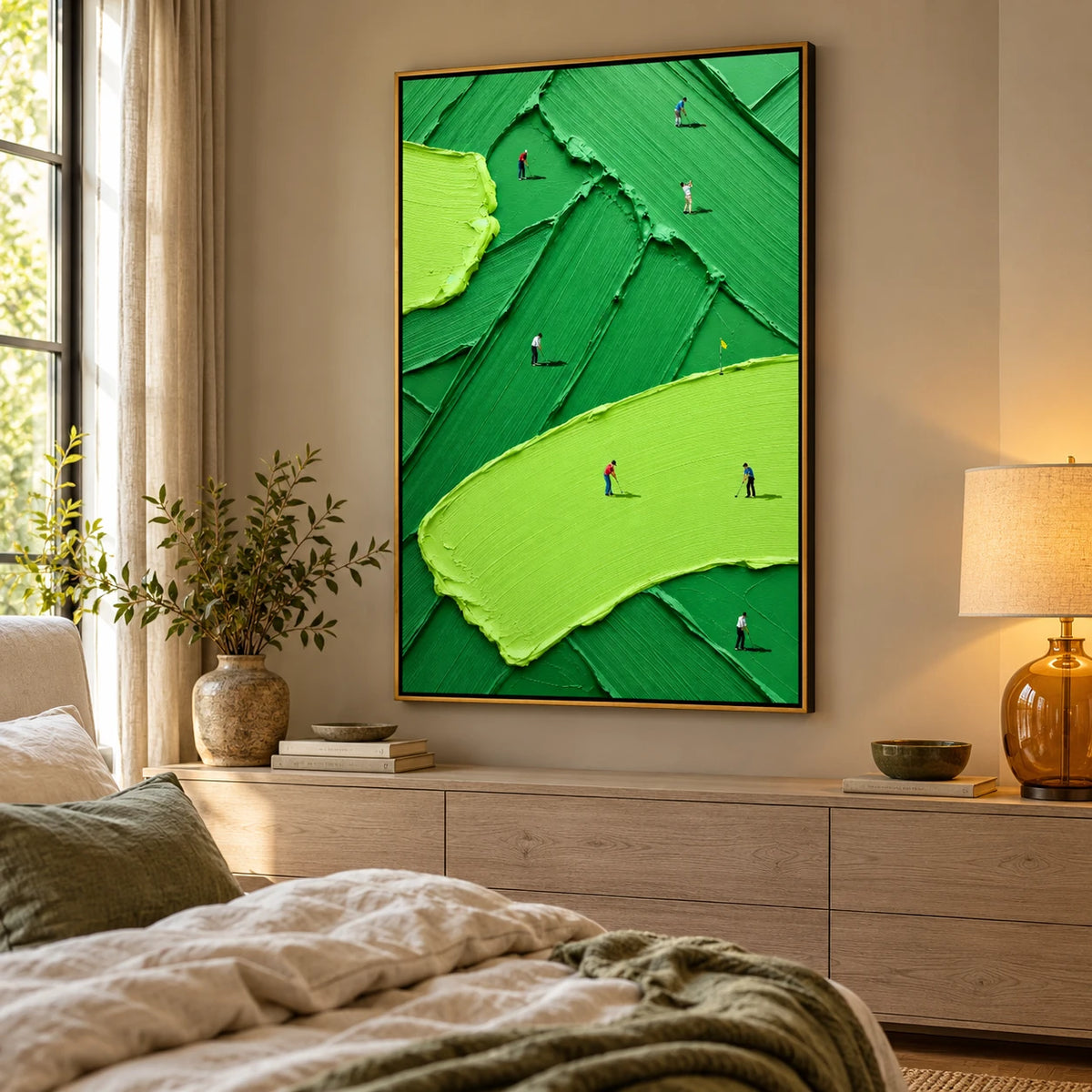 Ownanart Hand-Painted Vertical Abstract Golf Course Oil Painting – Vertical abstract sports canvas, textured golf wall art, Original Canvas Art for Living Room and Office