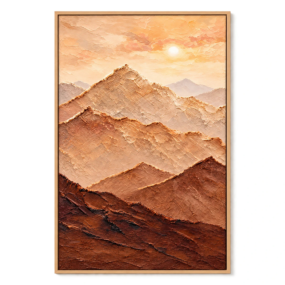 Ownanart Hand-Painted Warm Terracotta Mountain Layers and Sun Oil Painting – Neutral Textured Abstract Landscape, 3D Textured Vertical Canvas Wall Art for Living Room Bedroom Entryway and Office