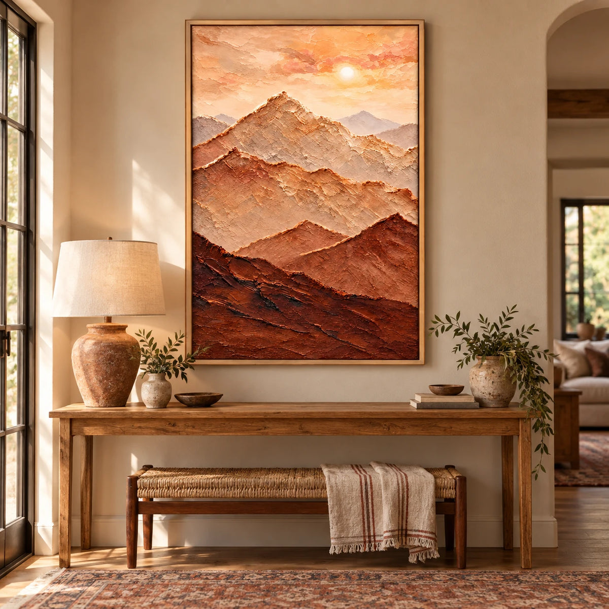 Ownanart Hand-Painted Warm Terracotta Mountain Layers and Sun Oil Painting – Neutral Textured Abstract Landscape, 3D Textured Vertical Canvas Wall Art for Living Room Bedroom Entryway and Office