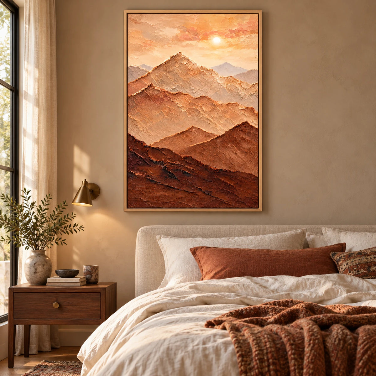 Ownanart Hand-Painted Warm Terracotta Mountain Layers and Sun Oil Painting – Neutral Textured Abstract Landscape, 3D Textured Vertical Canvas Wall Art for Living Room Bedroom Entryway and Office