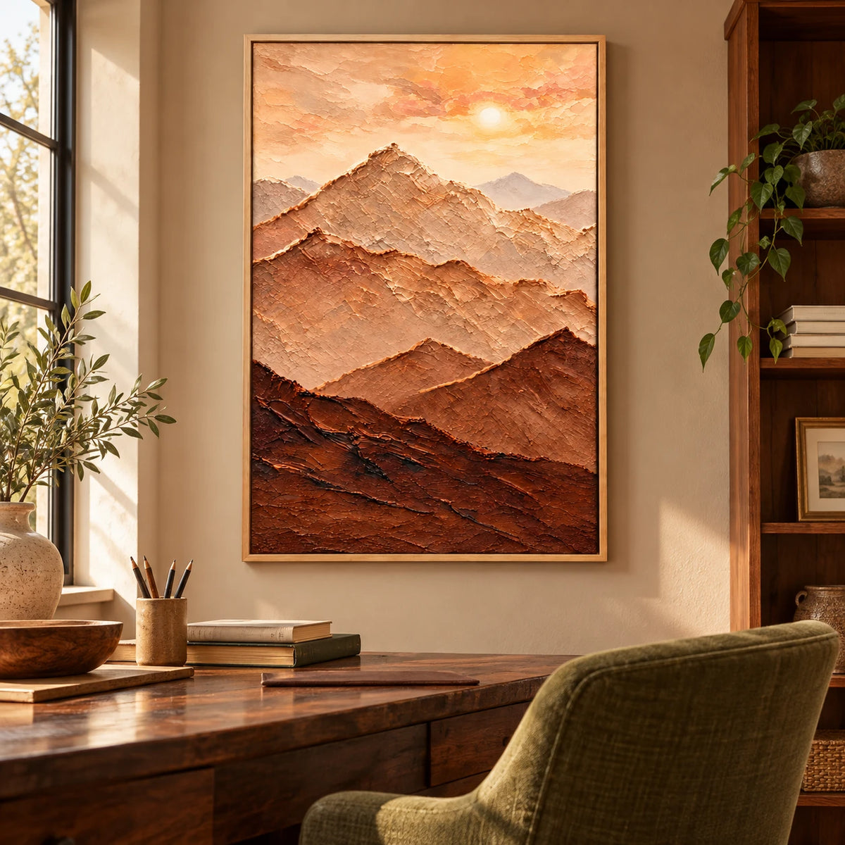 Ownanart Hand-Painted Warm Terracotta Mountain Layers and Sun Oil Painting – Neutral Textured Abstract Landscape, 3D Textured Vertical Canvas Wall Art for Living Room Bedroom Entryway and Office