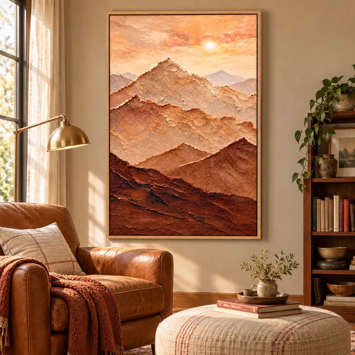 Ownanart Hand-Painted Warm Terracotta Mountain Layers and Sun Oil Painting – Neutral Textured Abstract Landscape, 3D Textured Vertical Canvas Wall Art for Living Room Bedroom Entryway and Office