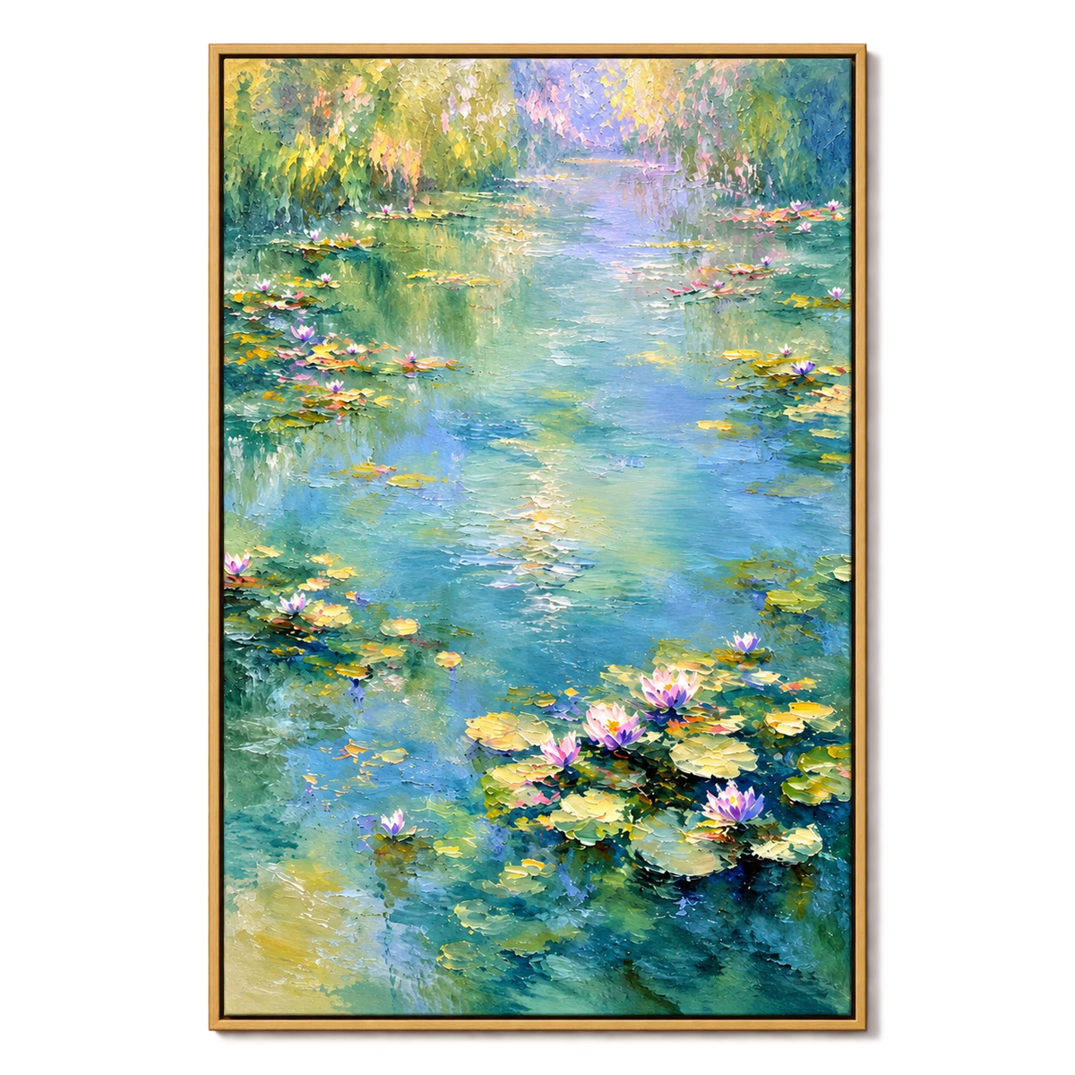 Ownanart Hand-Painted Water Lily Pond with Willow Reflections Oil Painting – Impressionist Floral Waterscape, 3D Textured Vertical Canvas Wall Art, Original Painting for Living Room Bedroom Entryway and Office