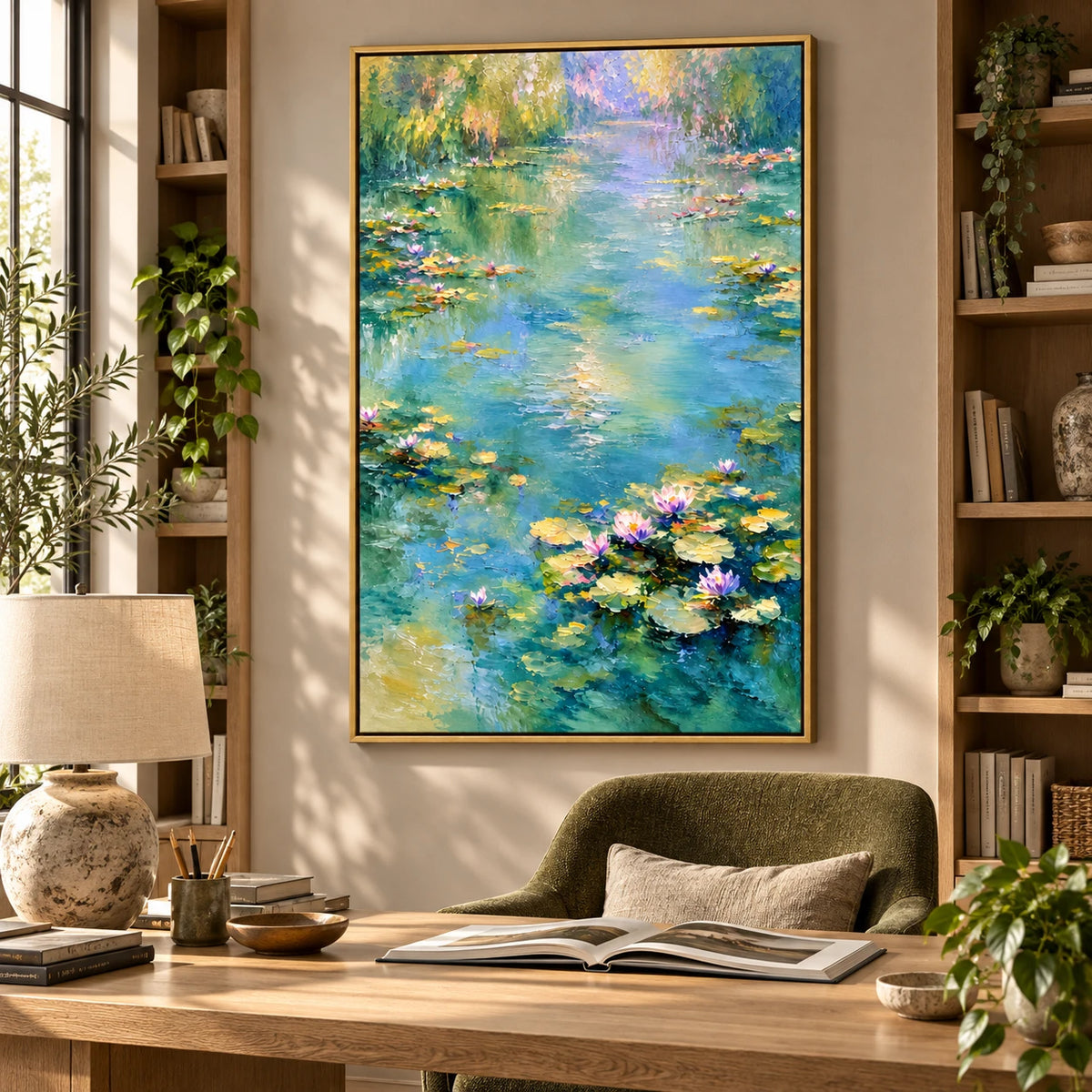 Ownanart Hand-Painted Water Lily Pond with Willow Reflections Oil Painting – Impressionist Floral Waterscape, 3D Textured Vertical Canvas Wall Art, Original Painting for Living Room Bedroom Entryway and Office