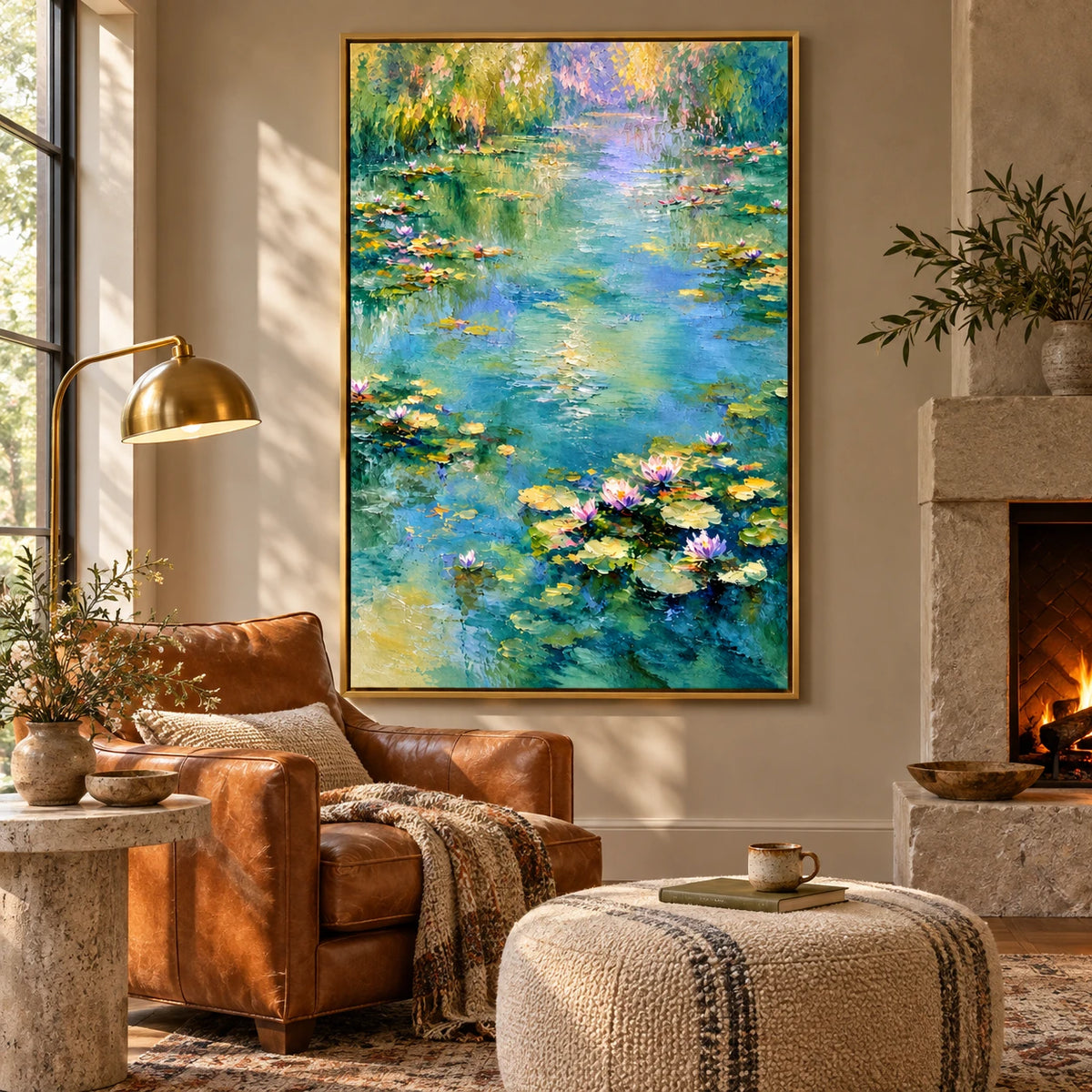 Ownanart Hand-Painted Water Lily Pond with Willow Reflections Oil Painting – Impressionist Floral Waterscape, 3D Textured Vertical Canvas Wall Art, Original Painting for Living Room Bedroom Entryway and Office
