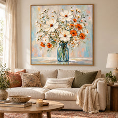 Ownanart Hand-Painted White and Orange Wildflowers in Blue Glass Vase Oil Painting – Colorful Impasto Floral Still Life, 3D Textured Square Canvas Wall Art for Living Room Bedroom Entryway and Office #OA 1518