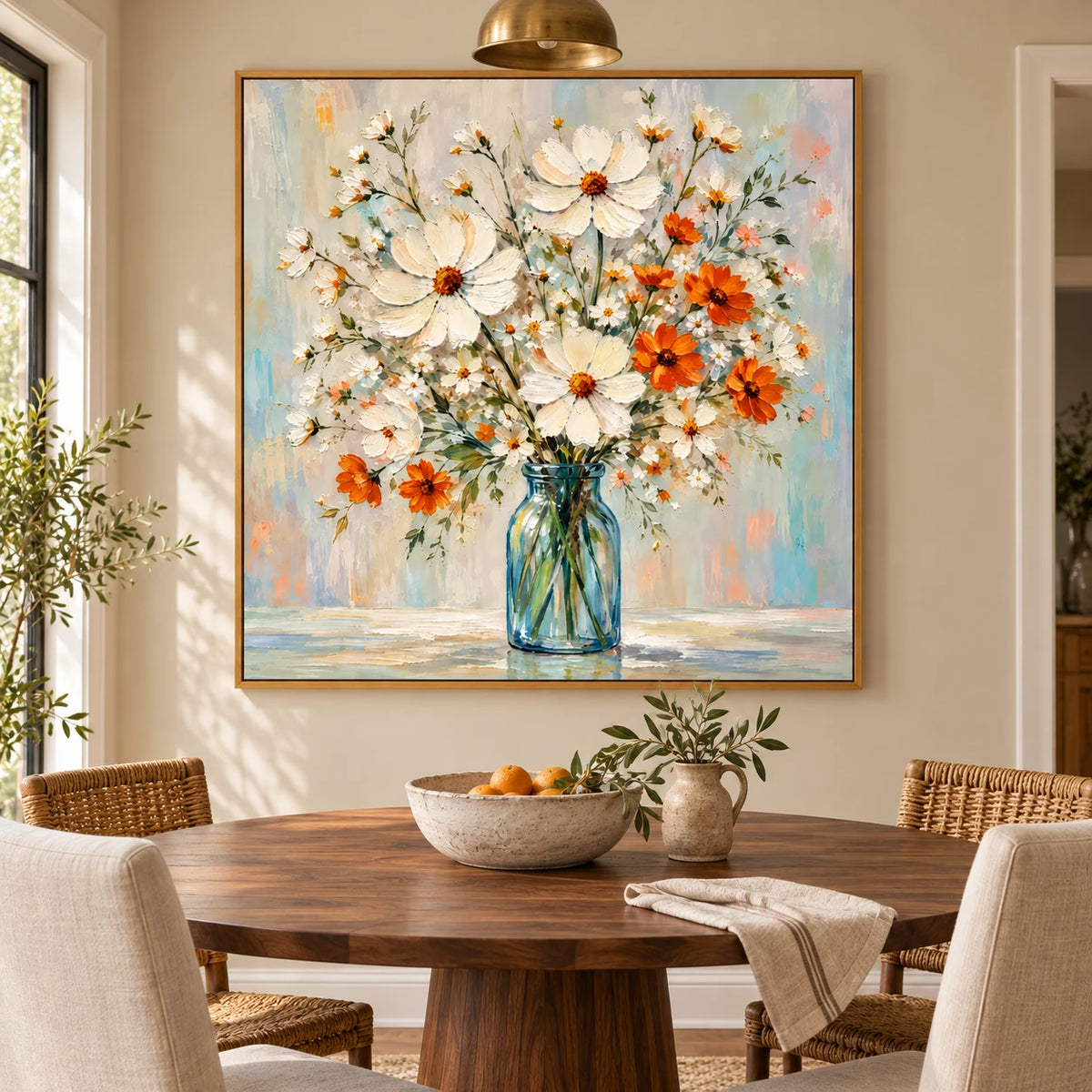 Ownanart Hand-Painted White and Orange Wildflowers in Blue Glass Vase Oil Painting – Colorful Impasto Floral Still Life, 3D Textured Square Canvas Wall Art for Living Room Bedroom Entryway and Office