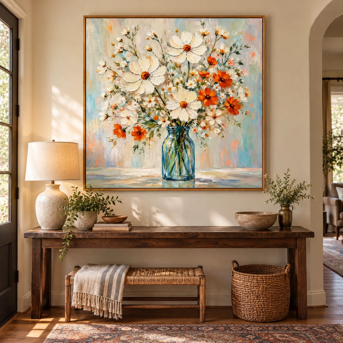 Ownanart Hand-Painted White and Orange Wildflowers in Blue Glass Vase Oil Painting – Colorful Impasto Floral Still Life, 3D Textured Square Canvas Wall Art for Living Room Bedroom Entryway and Office