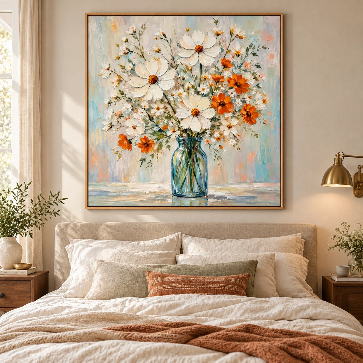 Ownanart Hand-Painted White and Orange Wildflowers in Blue Glass Vase Oil Painting – Colorful Impasto Floral Still Life, 3D Textured Square Canvas Wall Art for Living Room Bedroom Entryway and Office