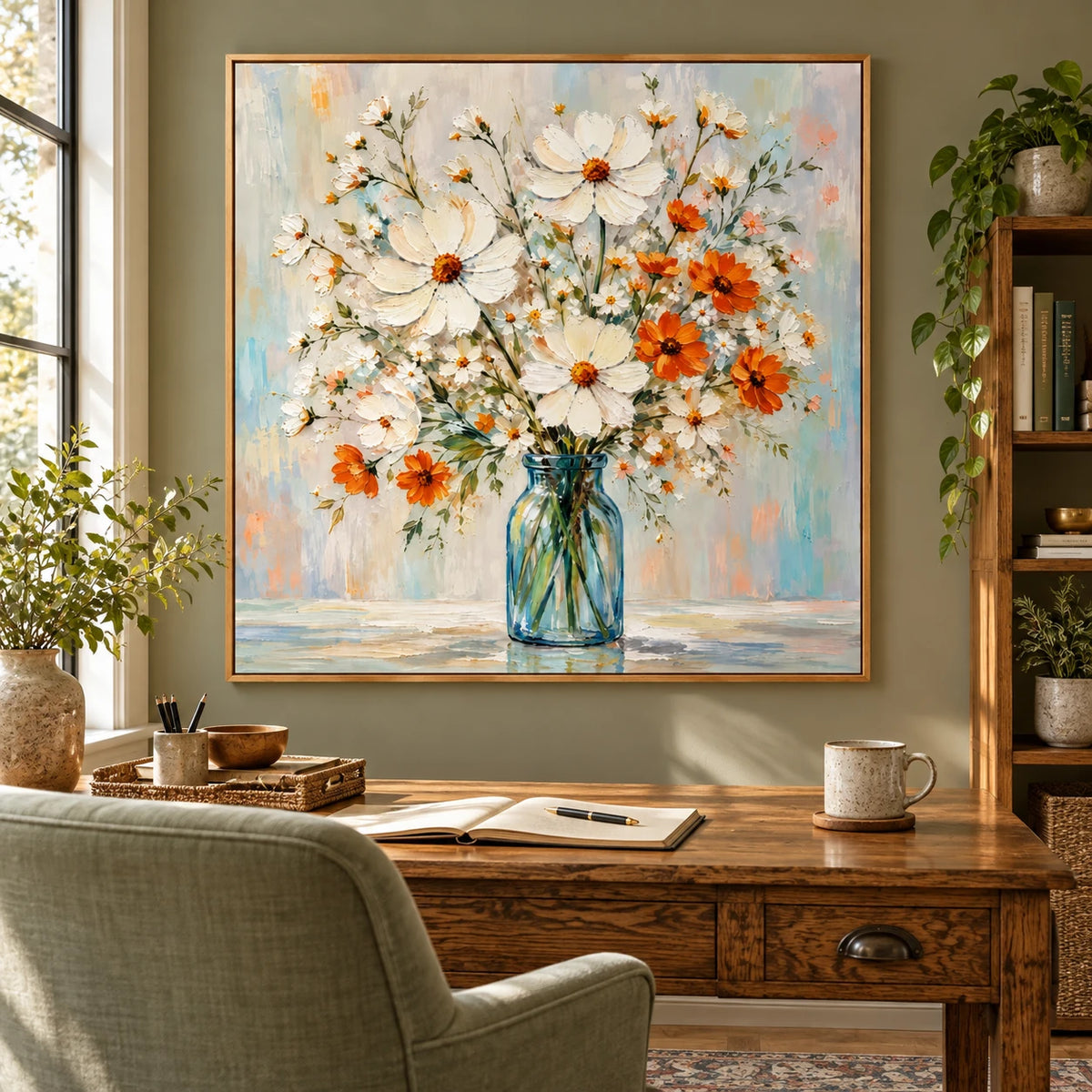 Ownanart Hand-Painted White and Orange Wildflowers in Blue Glass Vase Oil Painting – Colorful Impasto Floral Still Life, 3D Textured Square Canvas Wall Art for Living Room Bedroom Entryway and Office