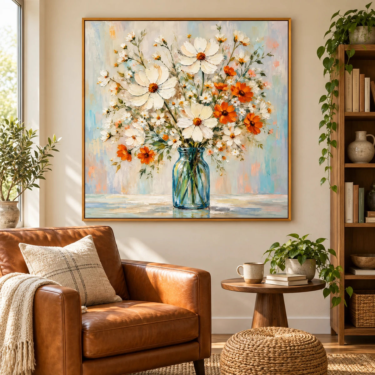 Ownanart Hand-Painted White and Orange Wildflowers in Blue Glass Vase Oil Painting – Colorful Impasto Floral Still Life, 3D Textured Square Canvas Wall Art for Living Room Bedroom Entryway and Office