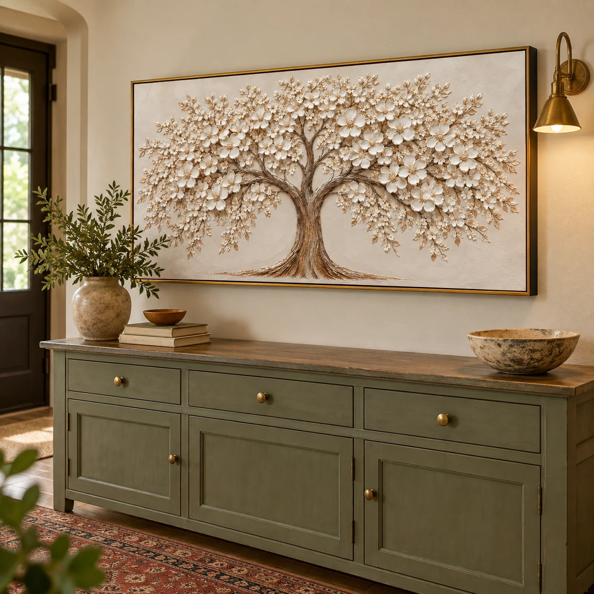 Ownanart Hand-Painted White Blossom Tree Oil Painting – Large Horizontal textured floral canvas, neutral tree wall art, Original Canvas Art for Living Room and Office