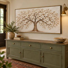 Ownanart Hand-Painted White Blossom Tree Oil Painting – Large Horizontal textured floral canvas, neutral tree wall art, Original Canvas Art for Living Room and Office #OA 1466
