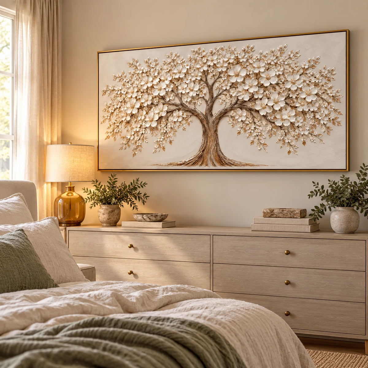 Ownanart Hand-Painted White Blossom Tree Oil Painting – Large Horizontal textured floral canvas, neutral tree wall art, Original Canvas Art for Living Room and Office