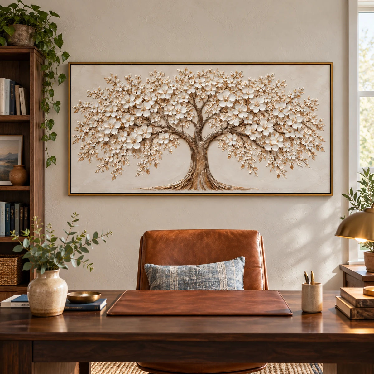 Ownanart Hand-Painted White Blossom Tree Oil Painting – Large Horizontal textured floral canvas, neutral tree wall art, Original Canvas Art for Living Room and Office