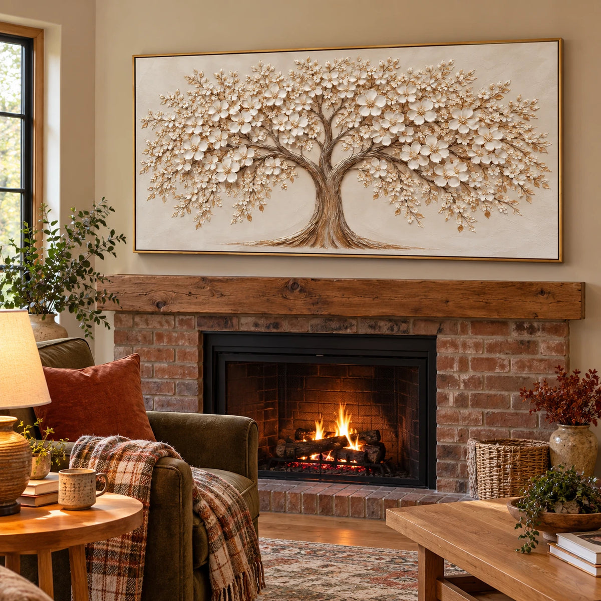 Ownanart Hand-Painted White Blossom Tree Oil Painting – Large Horizontal textured floral canvas, neutral tree wall art, Original Canvas Art for Living Room and Office