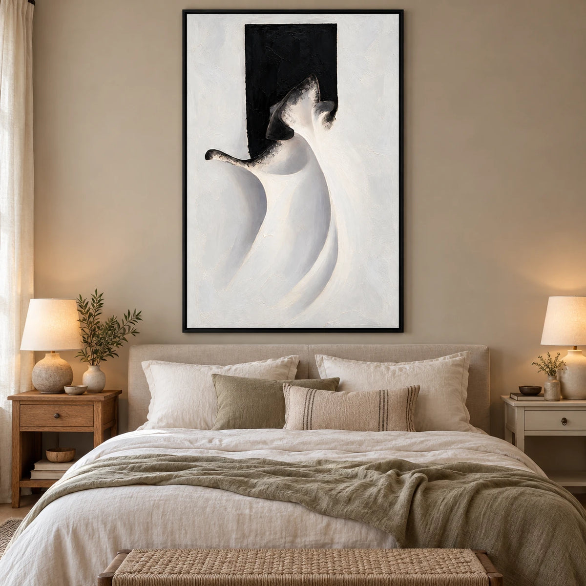 Ownanart Hand-Painted White Drapery and Black Abstract Figure Oil Painting – Textured Vertical Canvas Wall Art for Living Room and Office