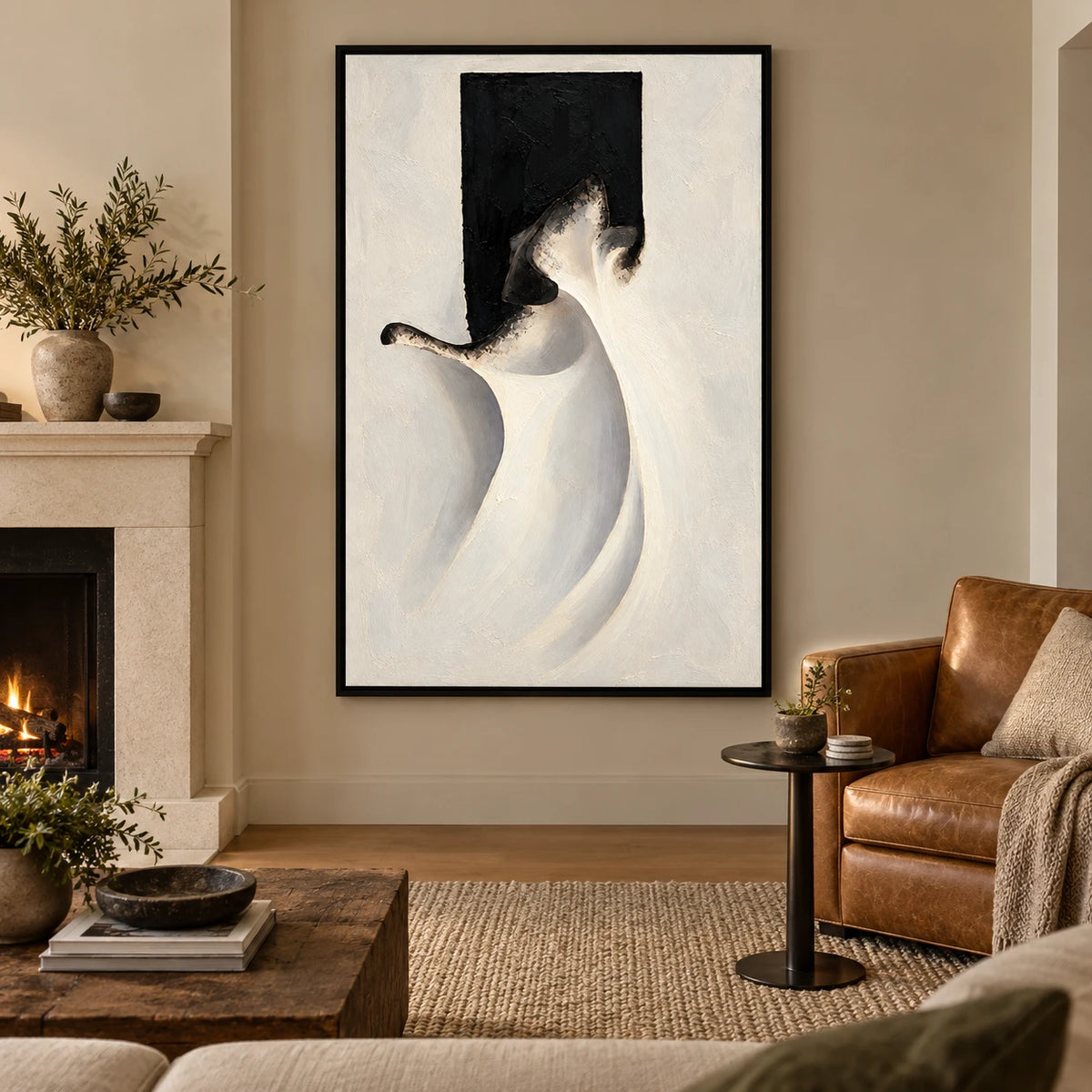 Ownanart Hand-Painted White Drapery and Black Abstract Figure Oil Painting – Textured Vertical Canvas Wall Art for Living Room and Office