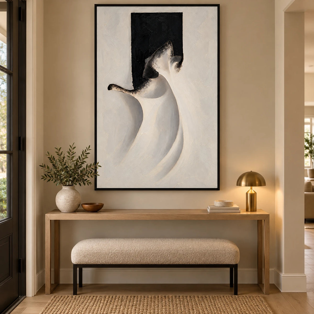 Ownanart Hand-Painted White Drapery and Black Abstract Figure Oil Painting – Textured Vertical Canvas Wall Art for Living Room and Office