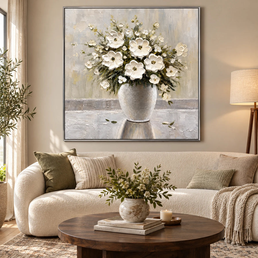 Ownanart Hand-Painted White Flower Bouquet in Ceramic Vase Oil Painting – Neutral Impasto Floral Still Life, 3D Textured Square Canvas Wall Art for Living Room Bedroom Entryway and Office #OA 1519