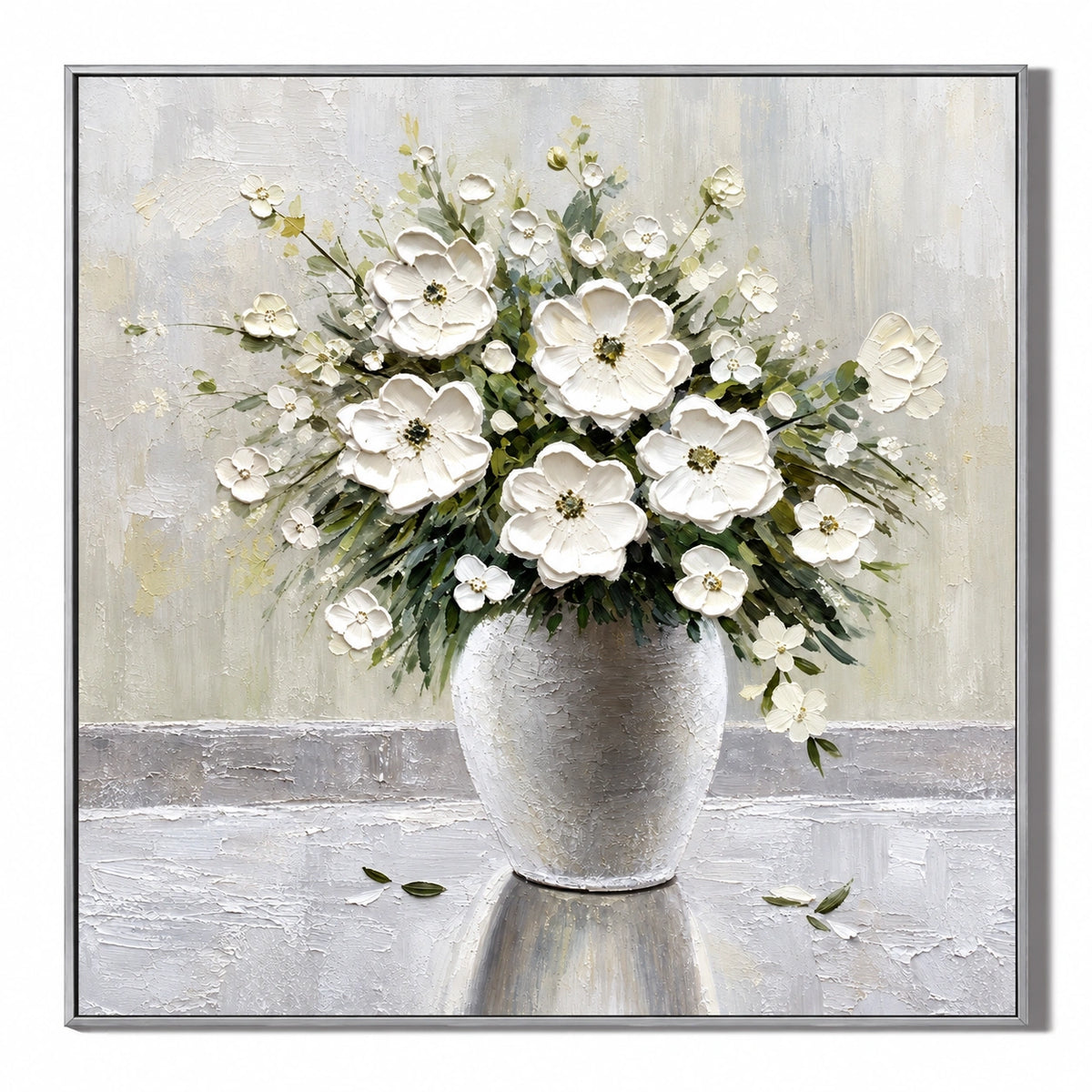 Ownanart Hand-Painted White Flower Bouquet in Ceramic Vase Oil Painting – Neutral Impasto Floral Still Life, 3D Textured Square Canvas Wall Art for Living Room Bedroom Entryway and Office