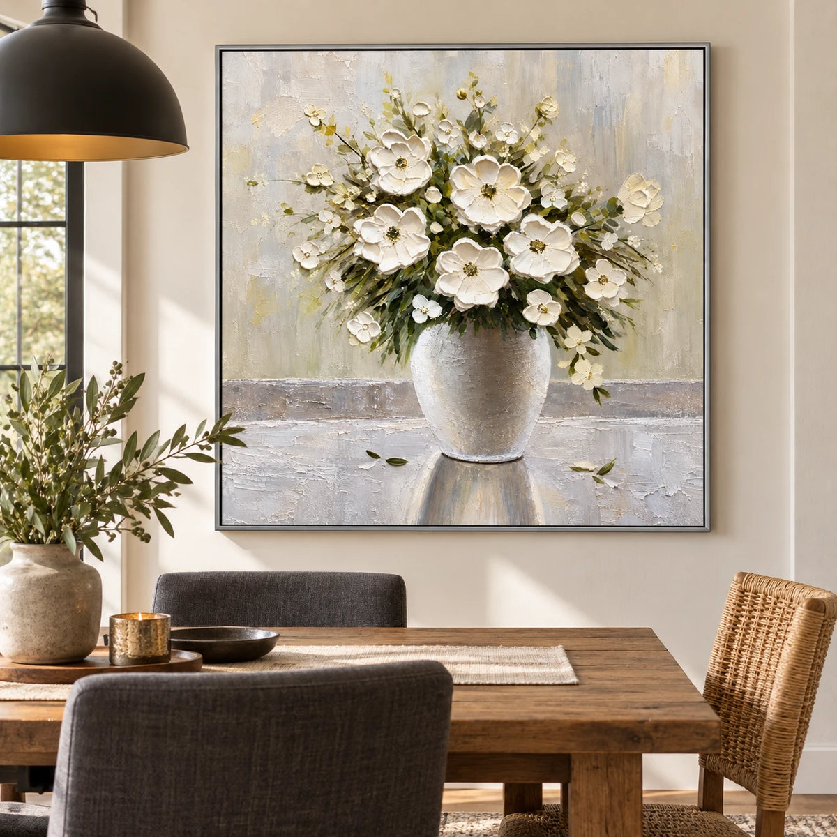 Ownanart Hand-Painted White Flower Bouquet in Ceramic Vase Oil Painting – Neutral Impasto Floral Still Life, 3D Textured Square Canvas Wall Art for Living Room Bedroom Entryway and Office