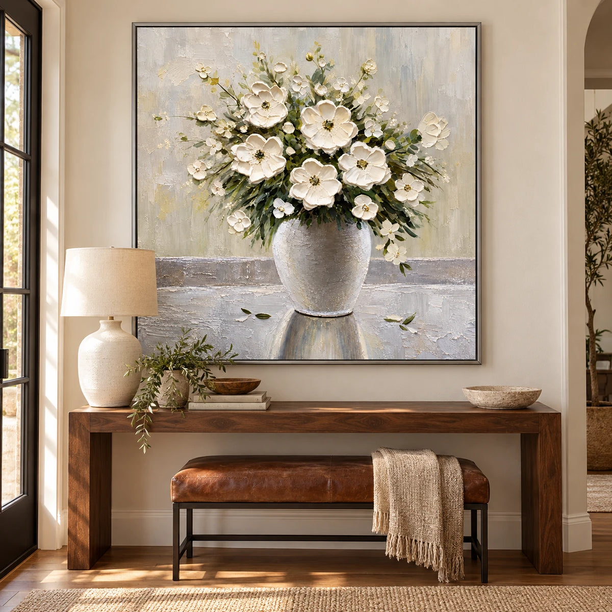 Ownanart Hand-Painted White Flower Bouquet in Ceramic Vase Oil Painting – Neutral Impasto Floral Still Life, 3D Textured Square Canvas Wall Art for Living Room Bedroom Entryway and Office