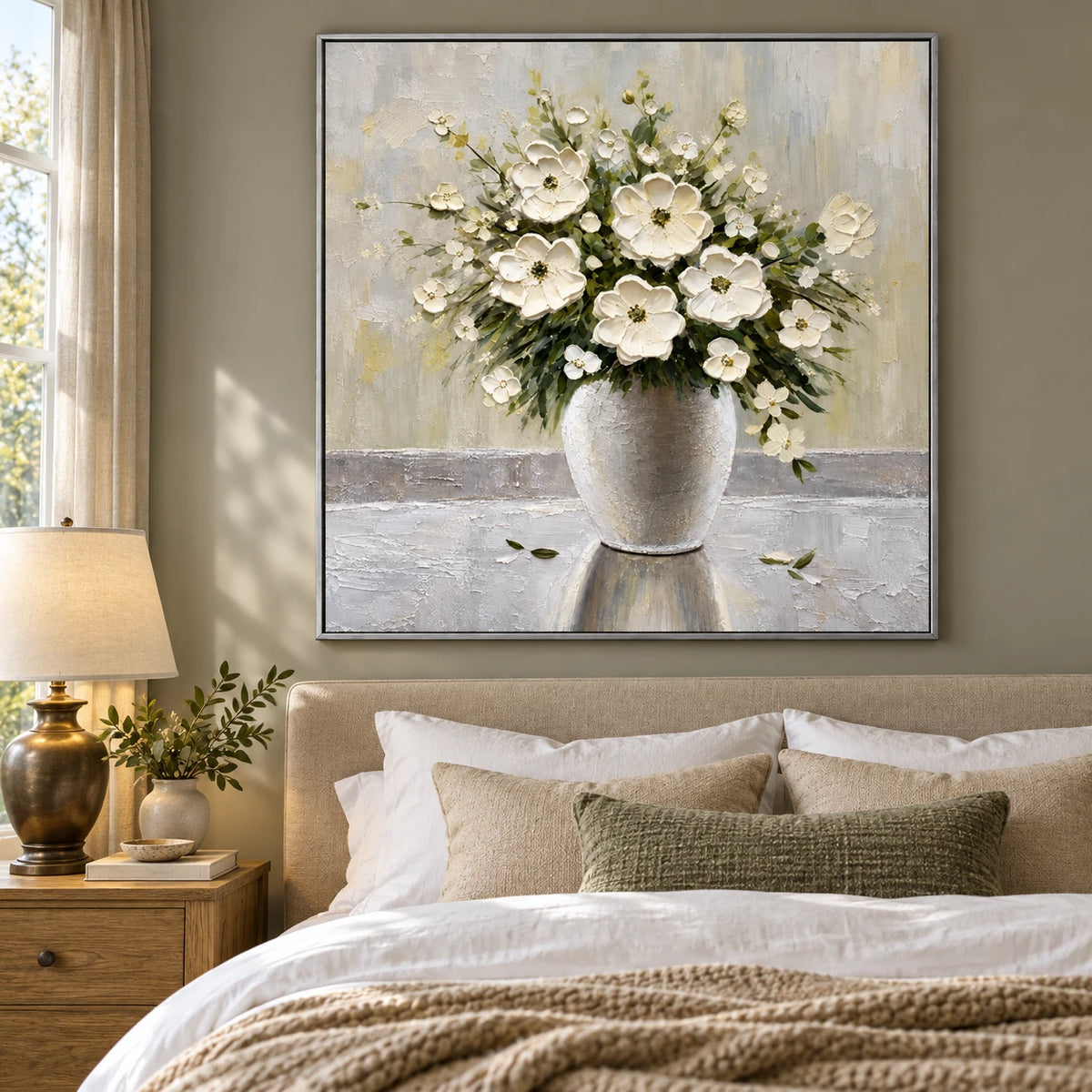 Ownanart Hand-Painted White Flower Bouquet in Ceramic Vase Oil Painting – Neutral Impasto Floral Still Life, 3D Textured Square Canvas Wall Art for Living Room Bedroom Entryway and Office