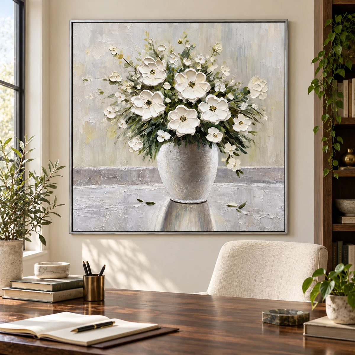 Ownanart Hand-Painted White Flower Bouquet in Ceramic Vase Oil Painting – Neutral Impasto Floral Still Life, 3D Textured Square Canvas Wall Art for Living Room Bedroom Entryway and Office